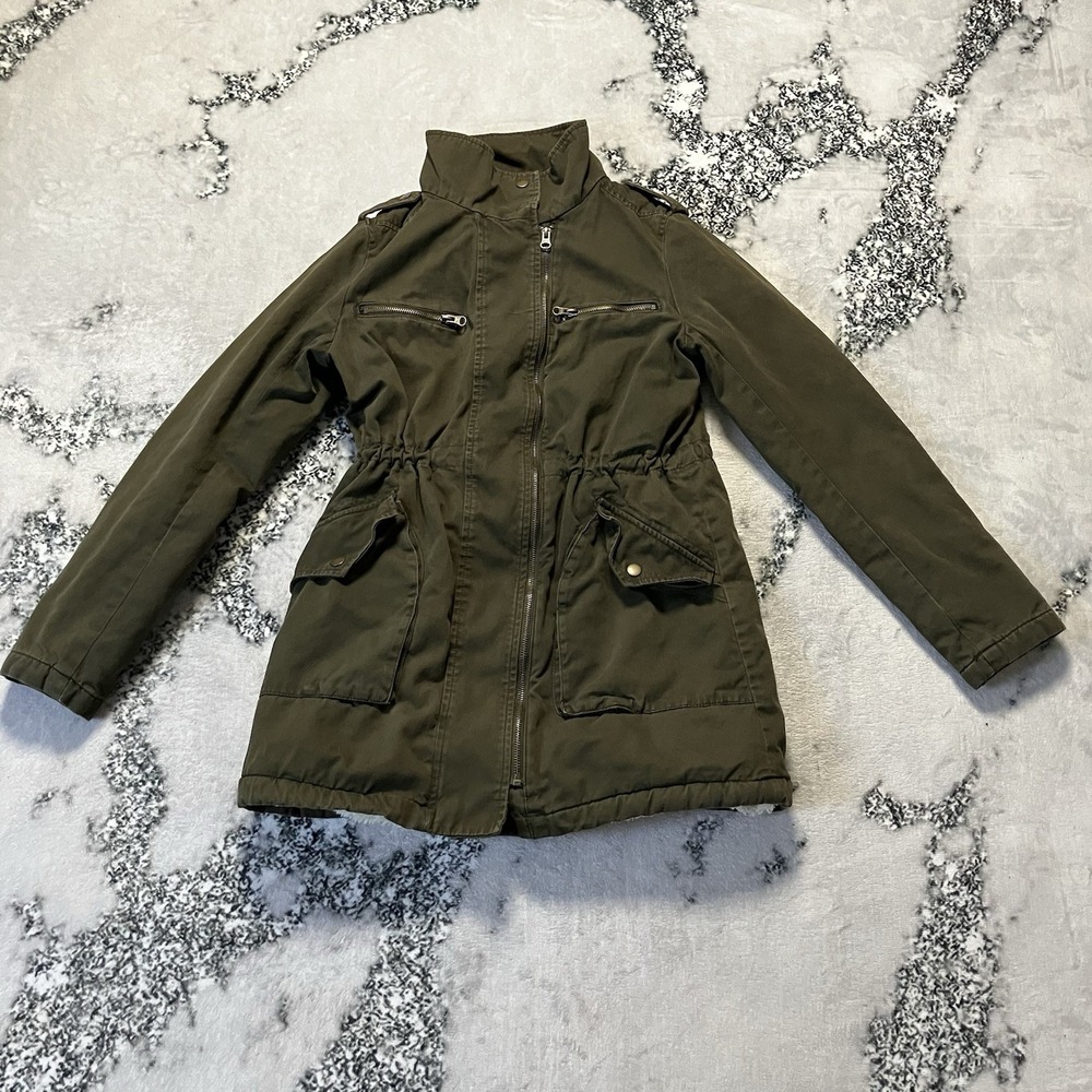 Gap Utility Jacket Womens Size S Olive Green Sherpa Lined Field Coat Cinch Waist